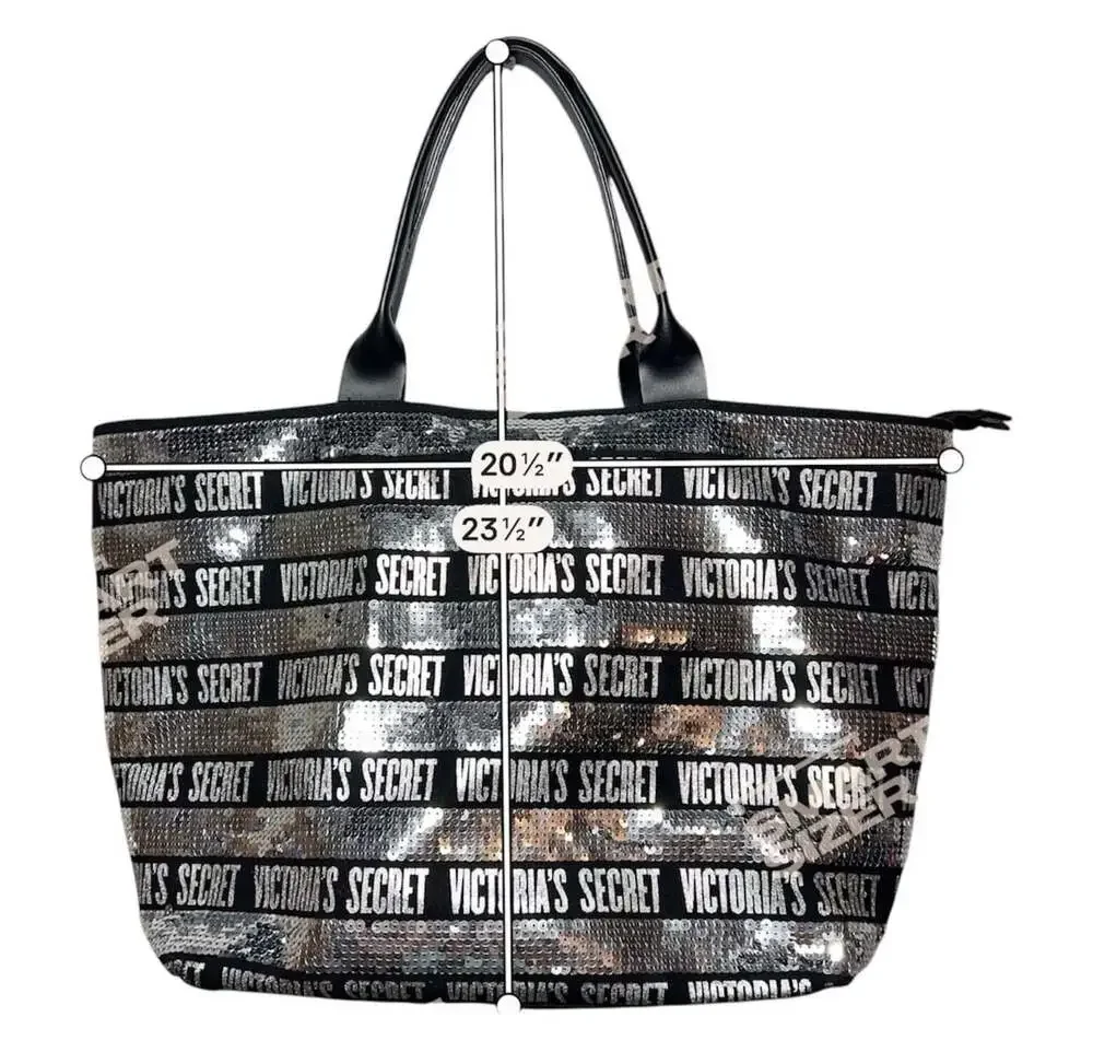 Victoria's Secret Large Black and Silver Striped Sequin Logo Tote Bag
